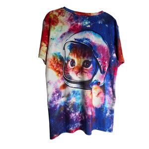 Galaxy Cat Astronaut T Shirt Womens XL Space Graphic Cute Tee Colorful Funny